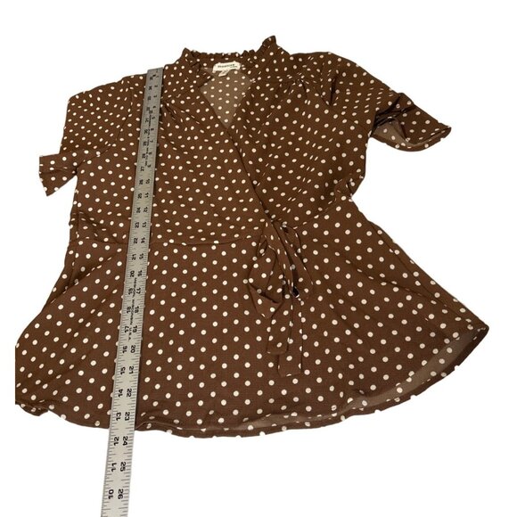 Monteau Brown Polka Dot Wrap Blouse Short Sleeve Lightweight Ruffled Collar Med - Picture 6 of 6